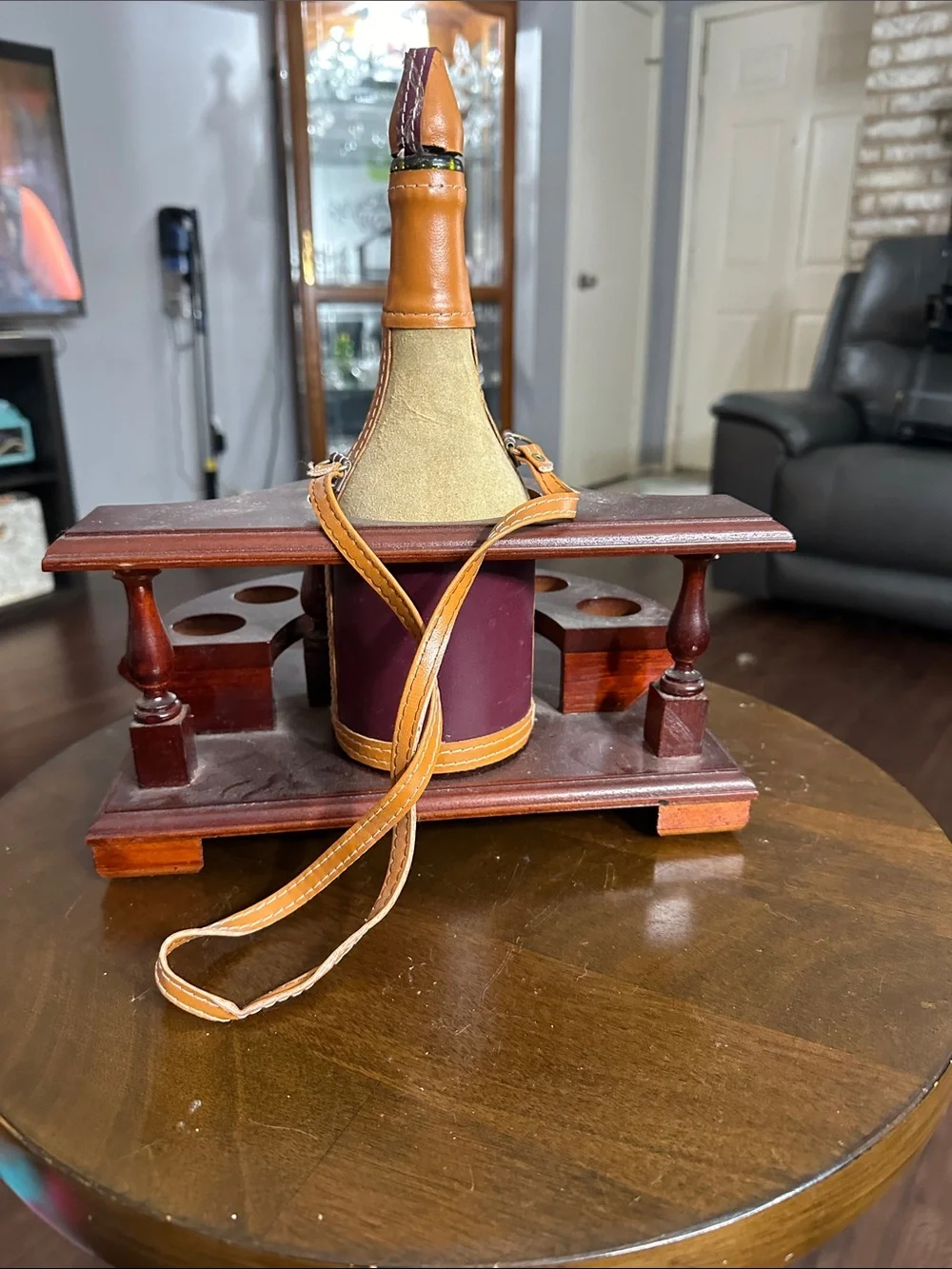 Wooden Tequila Bottle and Shot Glass Holder with Brown Leather Accents